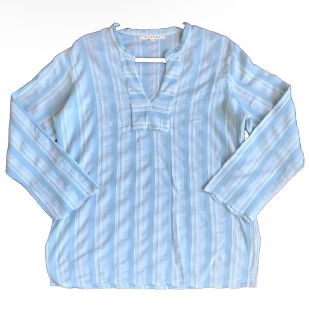 Xirena Blue and White Gauzy 100% Cotton Stripe Popover Tunic Top